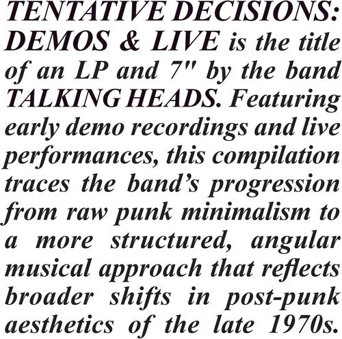 Talking Heads - Tentative Decisions: Demos & Live (RSD Black Friday 2025, Clear LP Vinyl, Bonus 7inch Vinyl) UPC: 081227809003