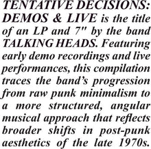 Talking Heads - Tentative Decisions: Demos & Live (RSD Black Friday 2025, Clear LP Vinyl, Bonus 7inch Vinyl) UPC: 081227809003