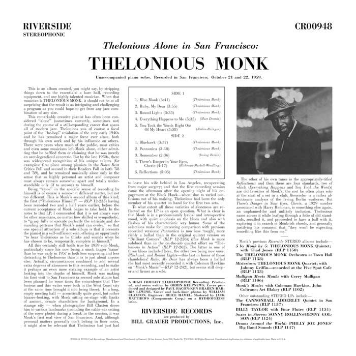 Thelonious Monk - Thelonious Alone In San Francisco (Original Jazz Classics Series, LP Vinyl) UPC: 888072739970