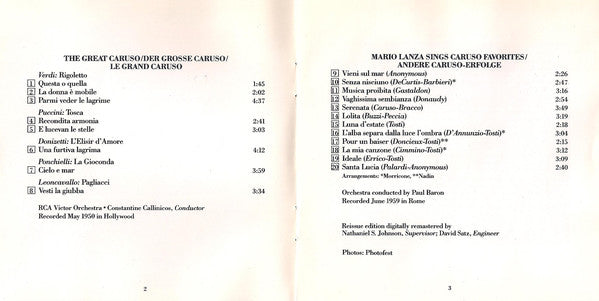 Mario Lanza : The Great Caruso And Other Caruso Favorites (CD, Album, Comp, RM)