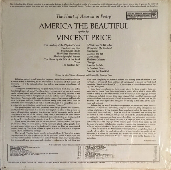 Vincent Price (2) : America The Beautiful - The Heart Of America In Poetry (LP)