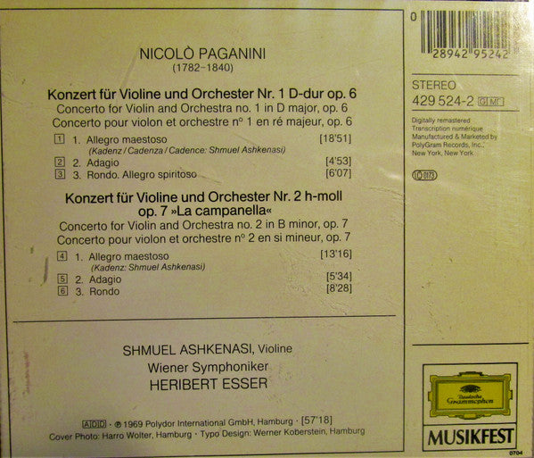 Niccolò Paganini - Shmuel Ashkenasi, Wiener Symphoniker, Heribert Esser : Violin concertos Nos. 1 & 2 "La Campanella" (CD, Album, RM)