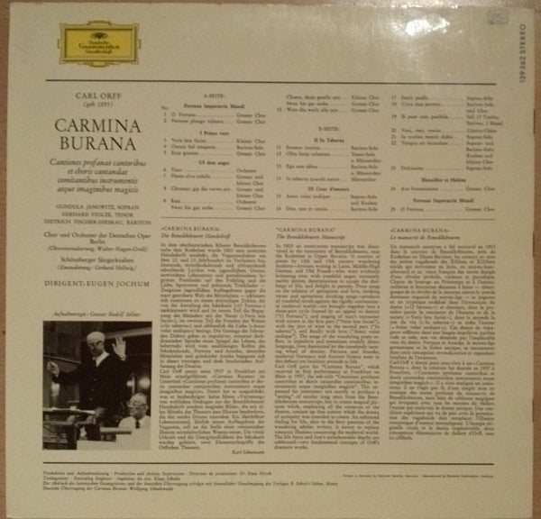 Carl Orff - Gundula Janowitz · Gerhard Stolze · Dietrich Fischer-Dieskau / Chor Der Deutschen Oper Berlin Und Orchester Der Deutschen Oper Berlin / Eugen Jochum : Carmina Burana (LP, RP, Gat)