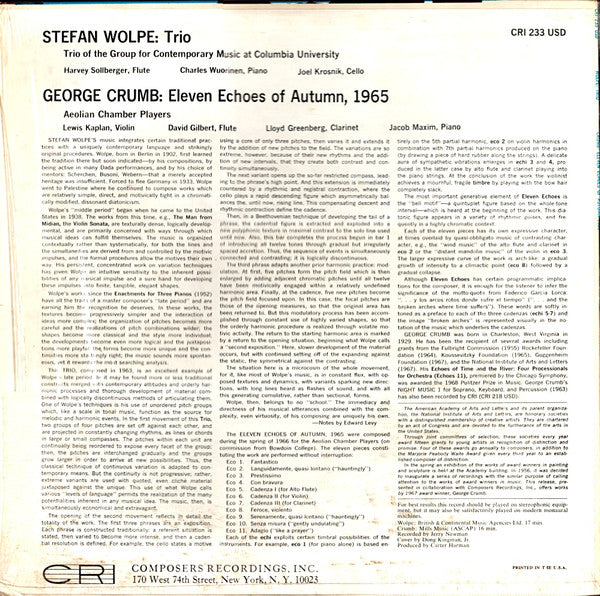 Stefan Wolpe / George Crumb : Trio / Eleven Echoes Of Autumn, 1965 (LP, Album)