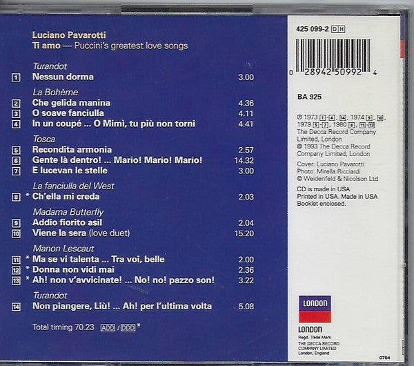 Luciano Pavarotti, Giacomo Puccini : Ti Amo (Puccini's Greatest Love Songs) (CD, Comp, RE)