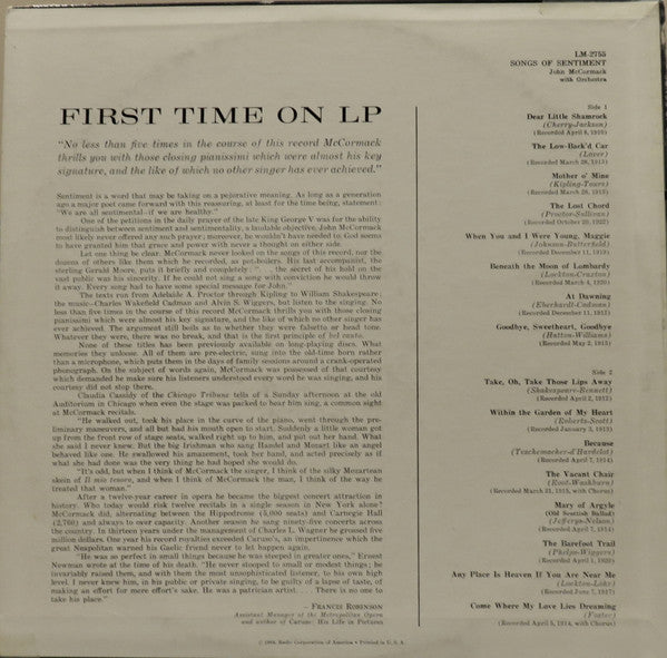 John McCormack (2) : Songs Of Sentiment (LP, Comp, Mono)