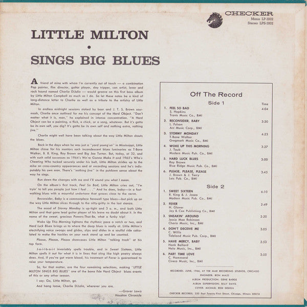 Little Milton : Sings Big Blues (LP, Album)