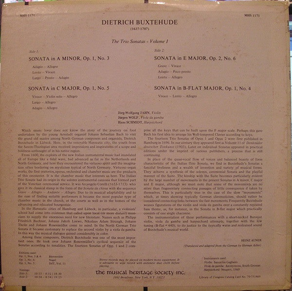 Dieterich Buxtehude - Jörg-Wolfgang Jahn, Jürgen Wolf, Hans Schmidt (8) : The Trio Sonatas Volume I (LP, Album)