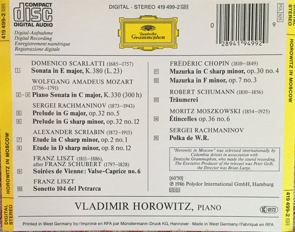 Vladimir Horowitz : Horowitz In Moscow (CD, Album)