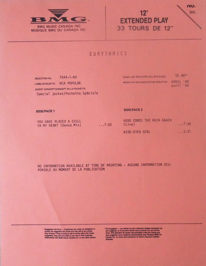 Eurythmics : You Have Placed A Chill In My Heart (Special Dance Remix) (12", Promo)
