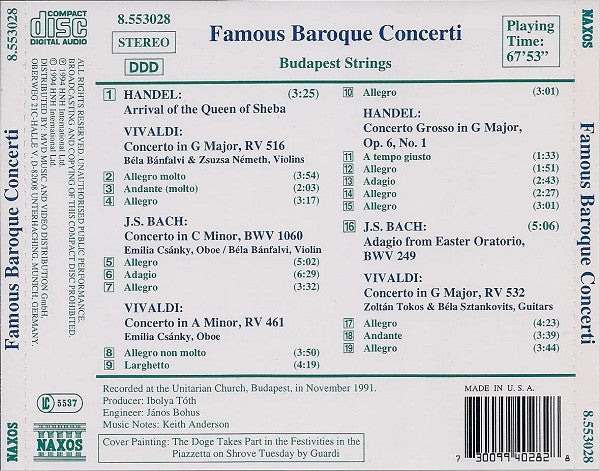 Johann Sebastian Bach, Georg Friedrich Händel, Antonio Vivaldi, Budapest Strings : Famous Baroque Concerti (CD, Album)