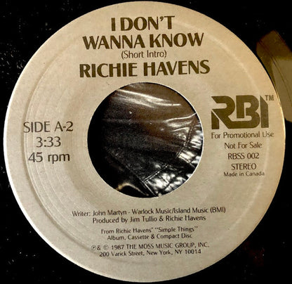 Richie Havens : I Don't Wanna Know (7", Single, Promo)