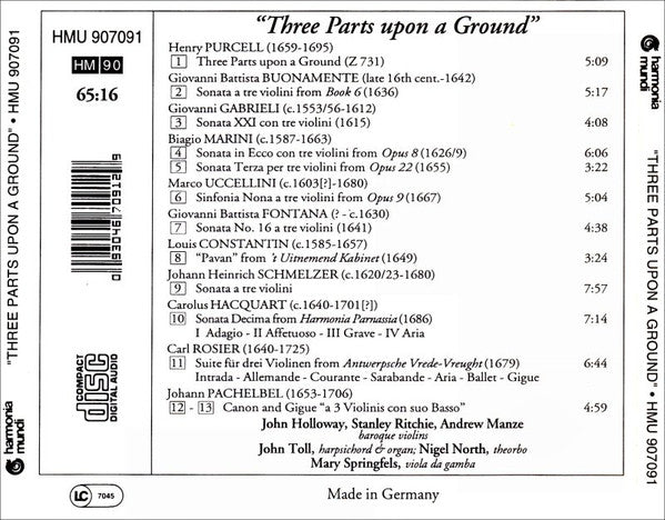 John Holloway, Stanley Ritchie, Andrew Manze, John Toll, Nigel North, Mary Springfels : "Three Parts Upon A Ground" (CD, Album)