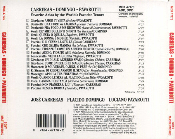 José Carreras, Placido Domingo, Luciano Pavarotti : Favorite Arias By The World's Favorite Tenors (CD, Album, Comp)