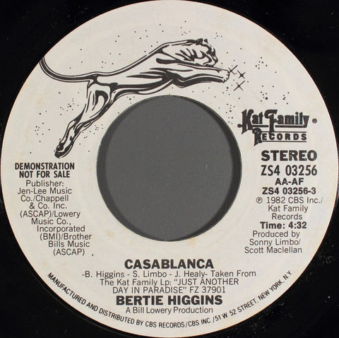 Bertie Higgins : Casablanca (7", Promo)